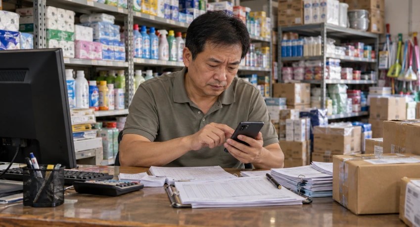 批发店老板忙着发消息对账